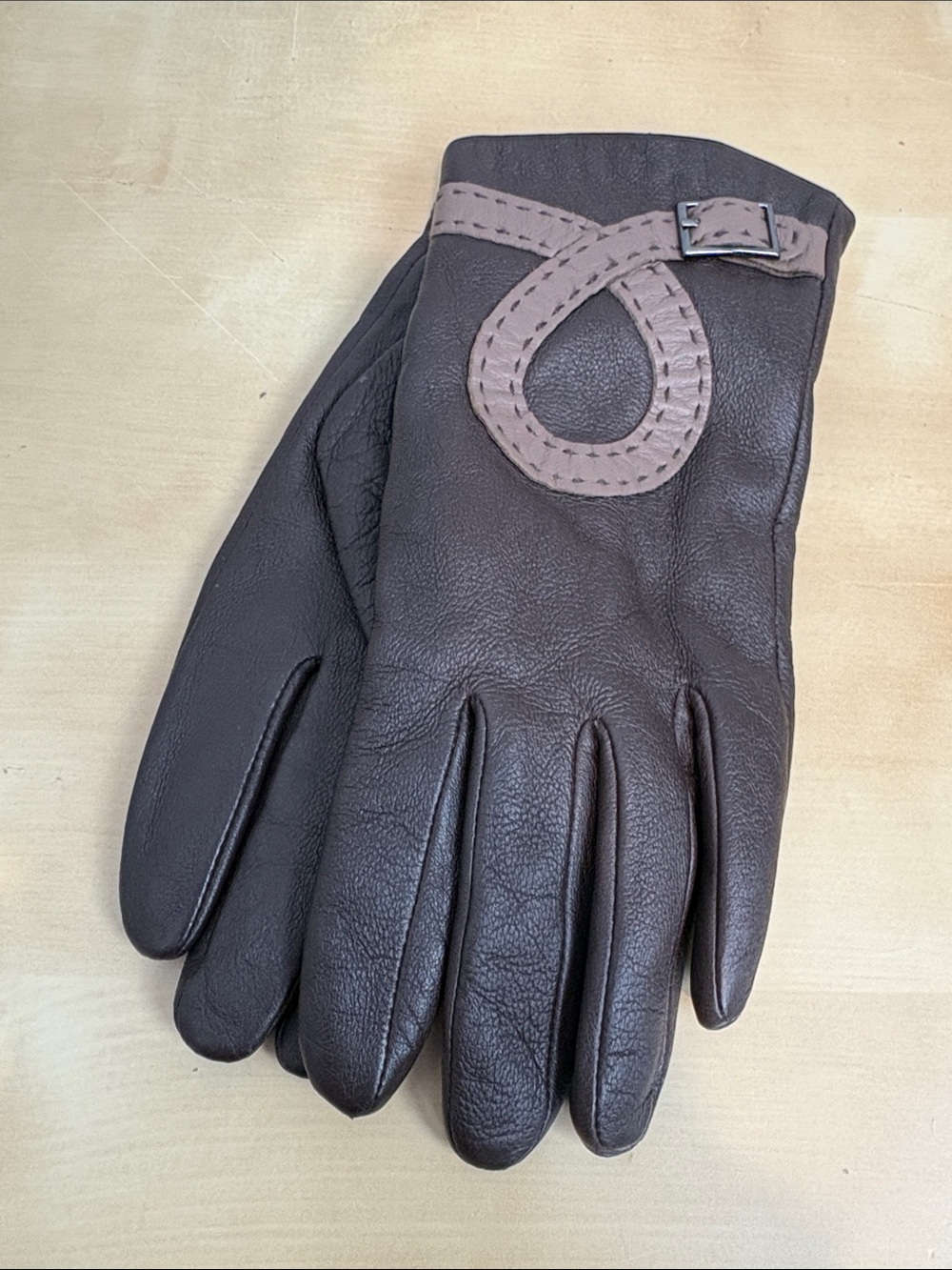 Denver Hayes Brown Leather Gloves with Taupe Loop Accent, women’s medium
